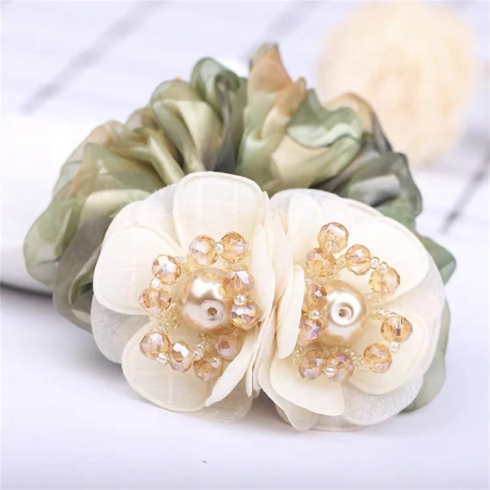 Chouchou Perle Brillante Fleur Organza Transparent - Élastique Cheveux Fille... | MDN Store