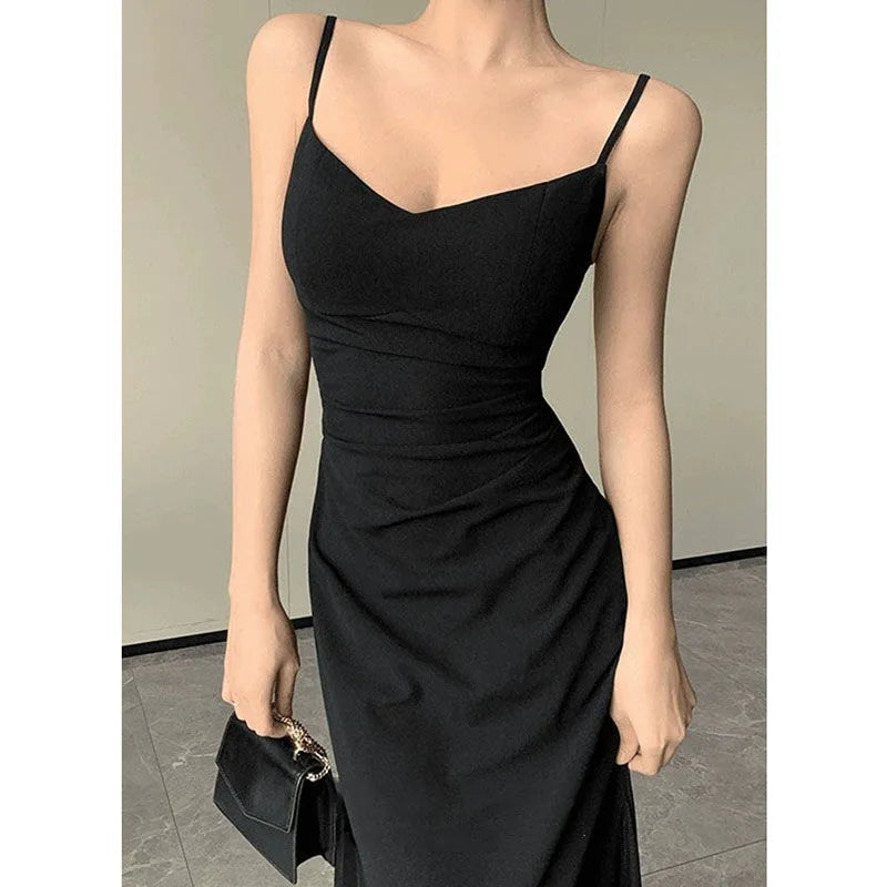 Robe Midi Femme Noire Dos Nu Bretelles Col V Soirée | MDN Store