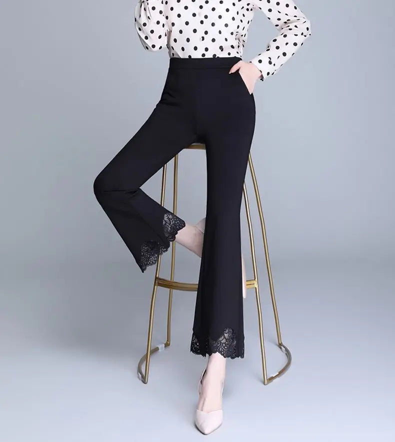Pantalon Évasé Taille Haute Noir Dentelle Femme Élégant | MDN Store
