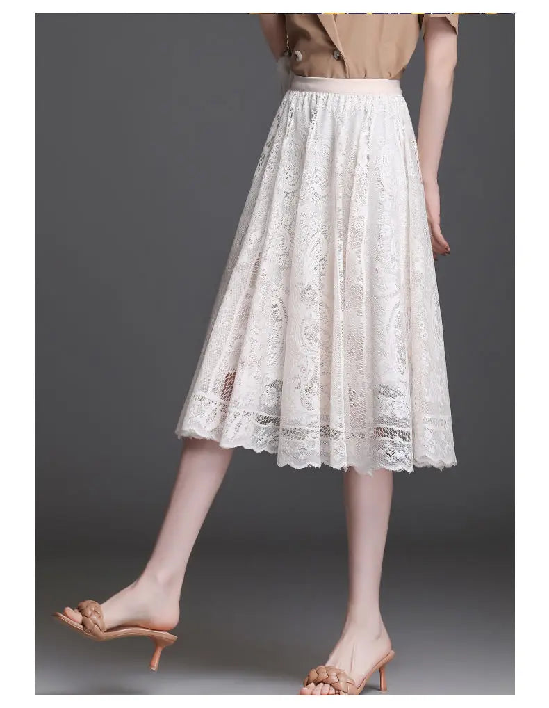 Jupe Longue Dentelle Plissée Taille Haute | MDN Store