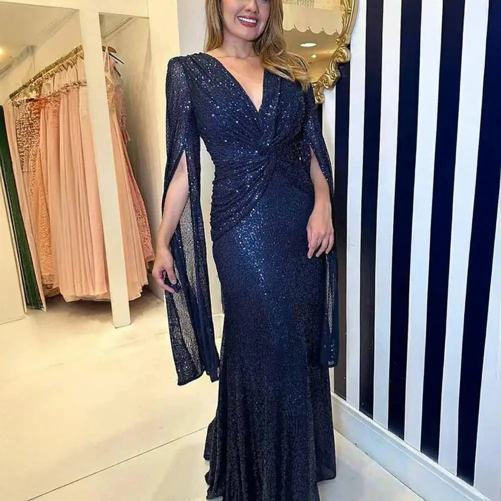 Robe Soirée Paillettes Col V Longue | MDN