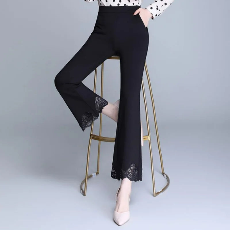 Pantalon Évasé Taille Haute Noir Dentelle Femme Élégant | MDN Store