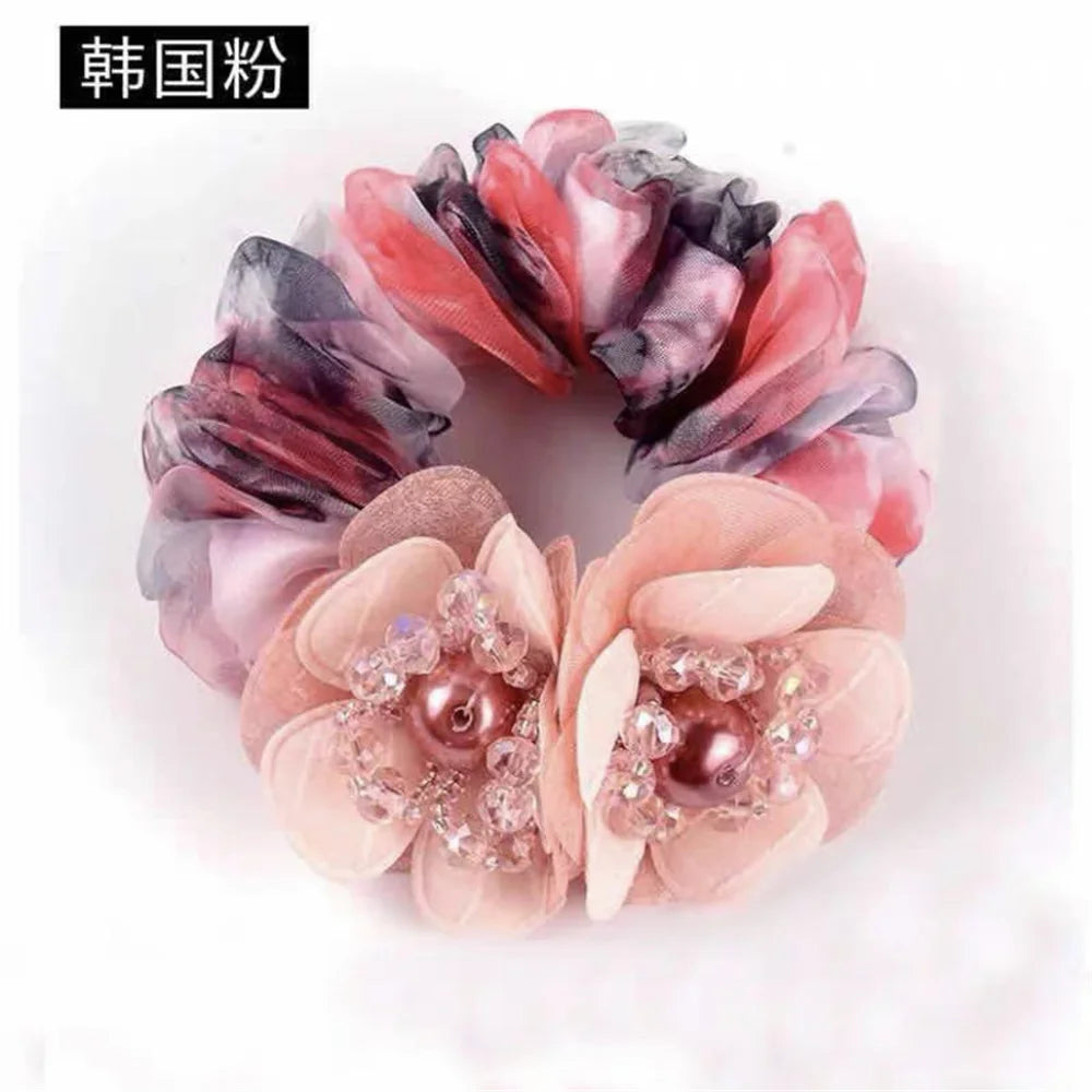 Chouchou Perle Brillante Fleur Organza Transparent - Élastique Cheveux Fille... | MDN Store