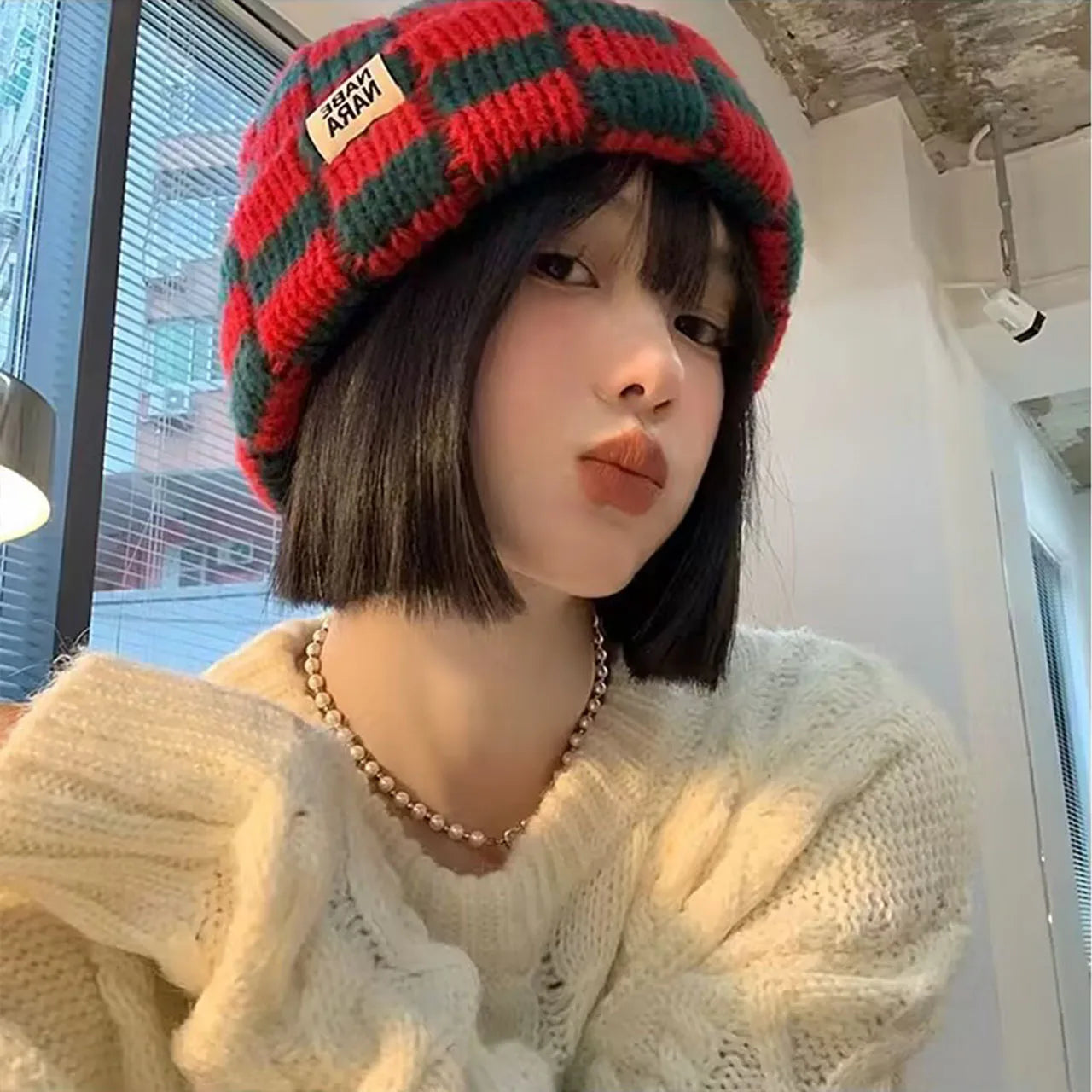 Bonnet Plaid Laine Tricotée Femme - Chaud Hiver Coupe-Vent | MDN