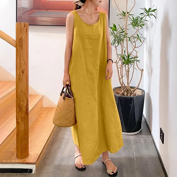 Robe Longue Lin Coton Sans Manches Poches Été | MDN Store