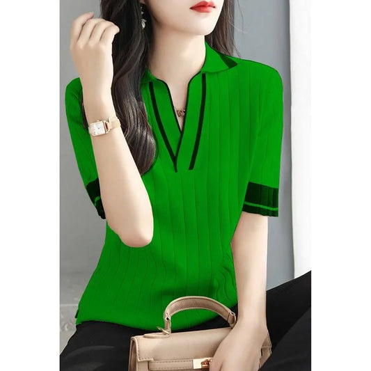 Pull Femme Polo Manche Courte Col V Tricoté Été Coréen - MDN