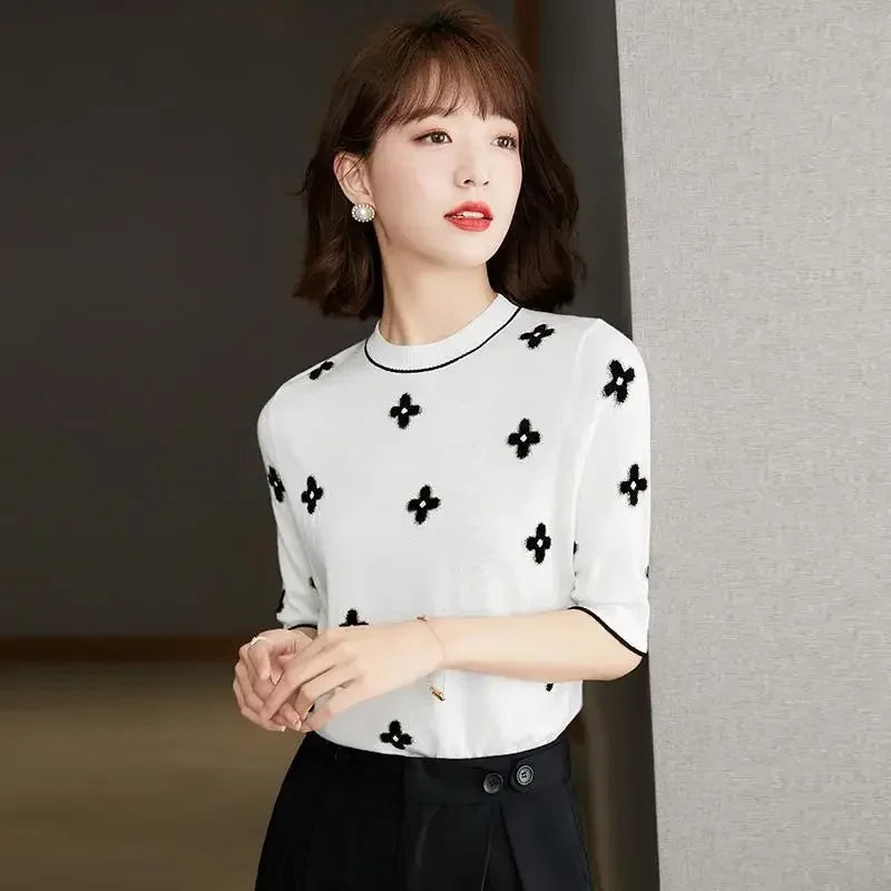 Pull Femme Brodé Fleurs Manche Courte Été Élégant - MDN