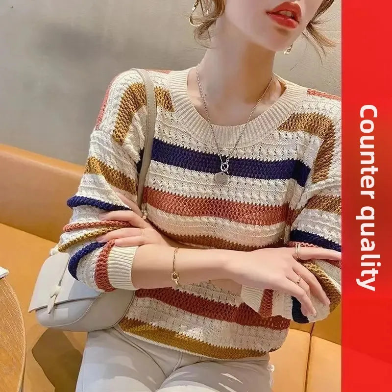 Pull Femme Raye Ajoure Court Ample Fit Manches Chauve-Souris 3 Coloris | MDN Store