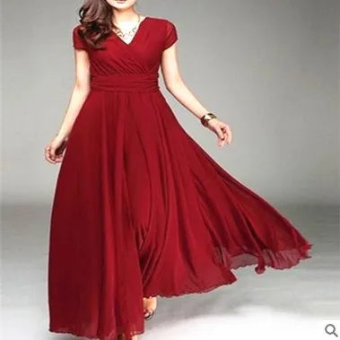 Robe Longue Femme Mousseline Manches Courtes Soiree Élégante | MDN Store