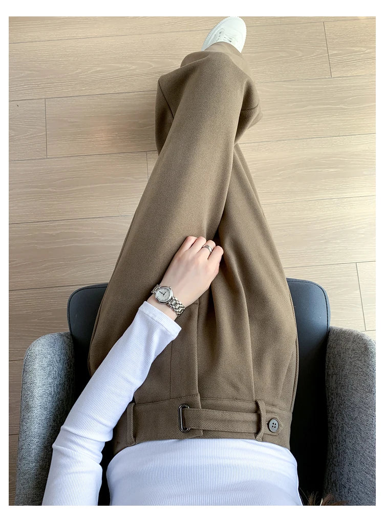 Pantalon Femme Laine Large Taille Haute - Boutons Chic Automne Hiver | MDN