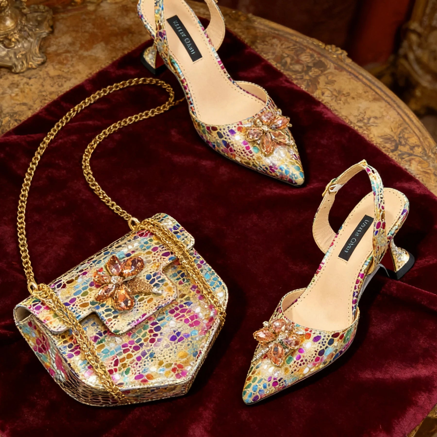 Escarpins Dorés Strass Bout Pointu Femme Soirée Banquet | MDN Store 25