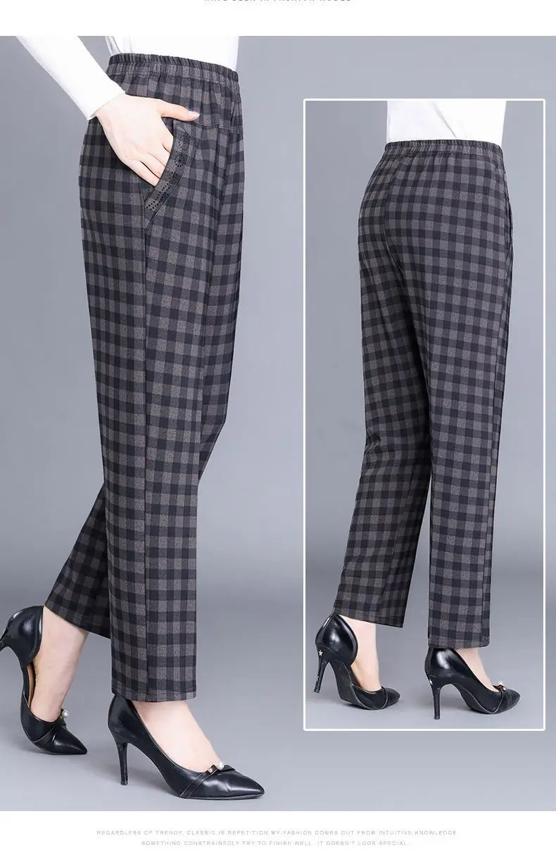 Pantalon Femme Carreaux Taille Élastique - Longueur Cheville Automne Hiver | MDN