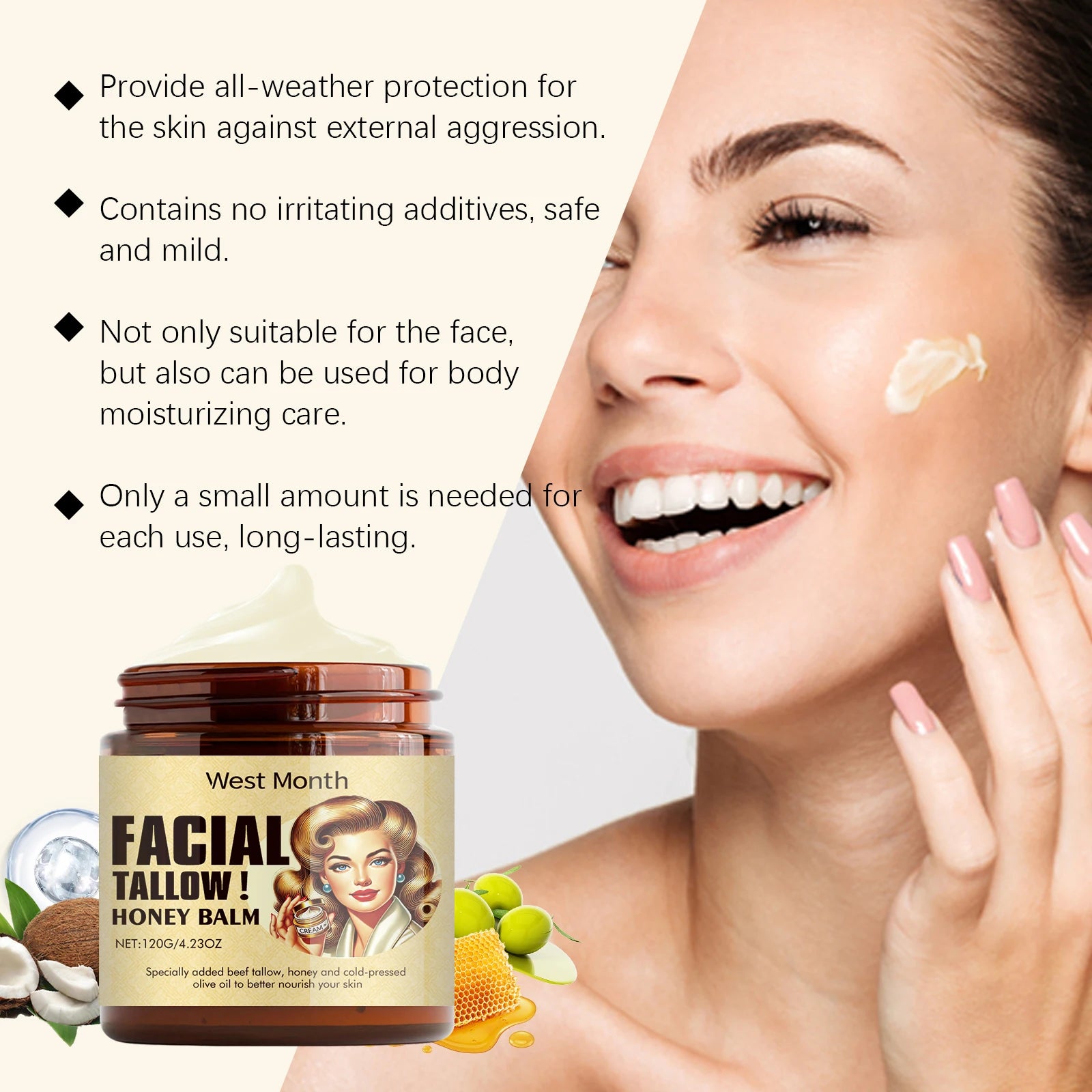 Crème Visage Suif de Bœuf Miel Hydratant Réparateur Élasticité 120g | MDN Store