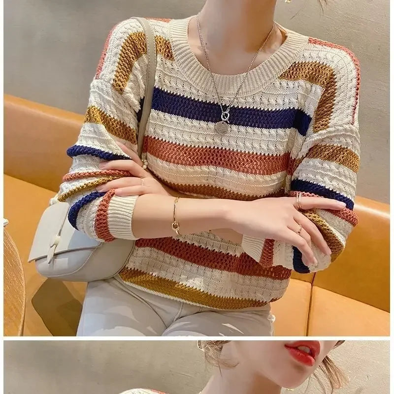 Pull Femme Raye Ajoure Court Ample Fit Manches Chauve-Souris 3 Coloris | MDN Store
