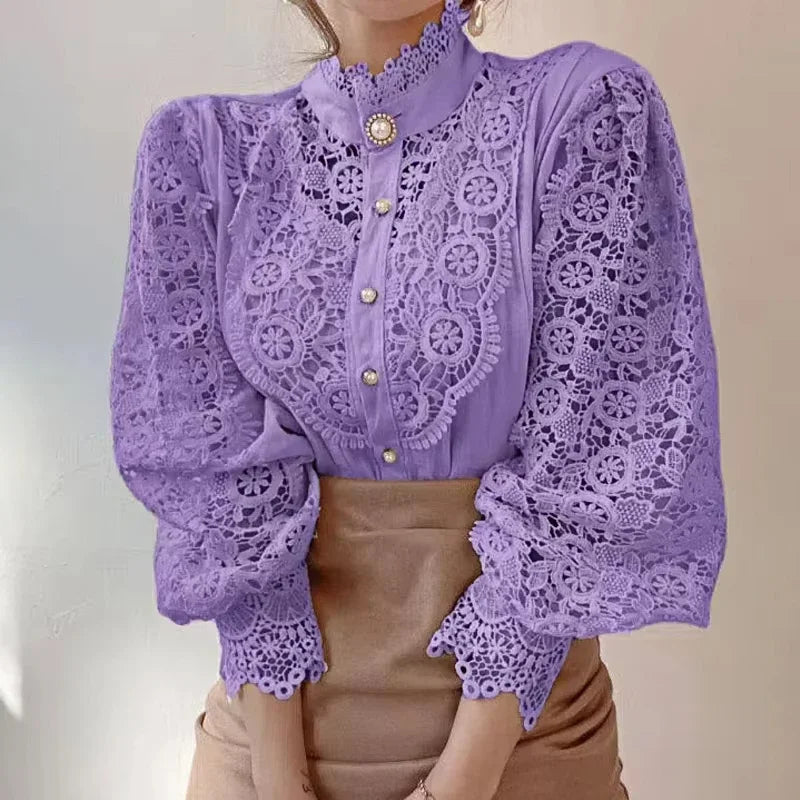 Blouse Femme Col Haut Manches Longues Dentelle | MDN Store
