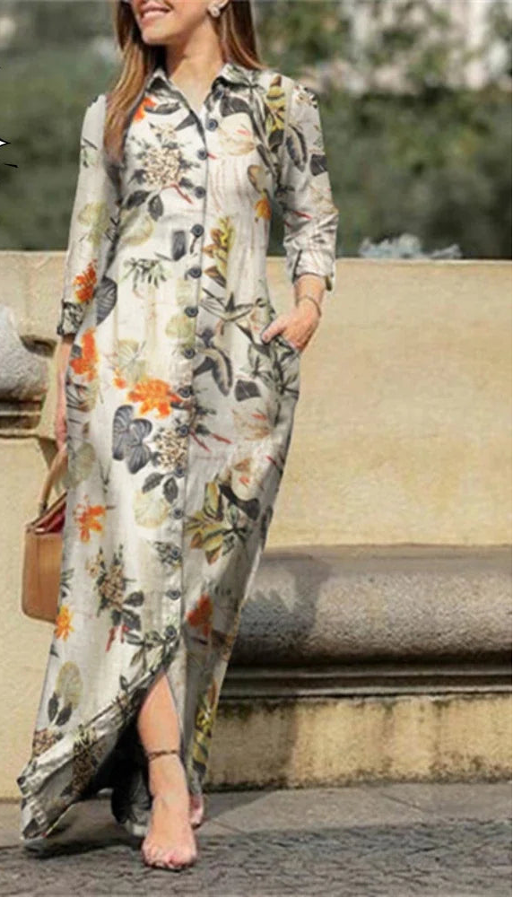 Robe Longue Imprimee Col Chemise Boutonnee Élégante | MDN Store