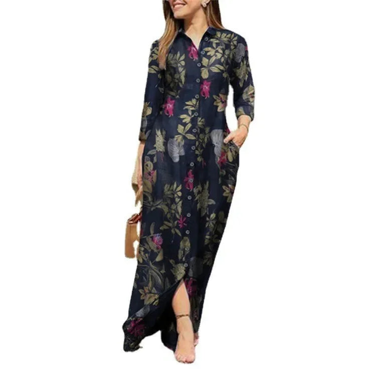 Robe Longue Imprimee Col Chemise Boutonnee Élégante | MDN Store