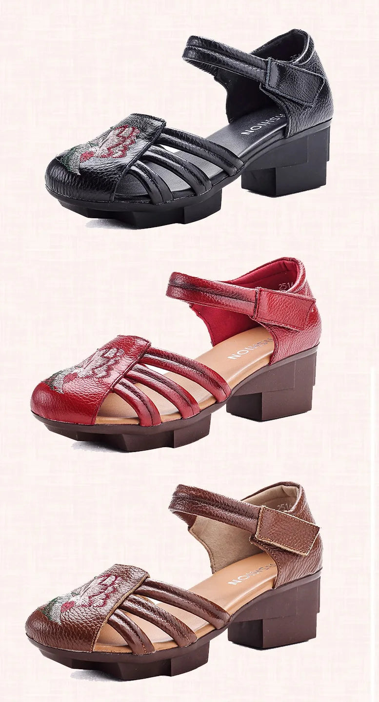 Sandales Talons Carrés Cuir Brodées Lorilury | MDN Store
