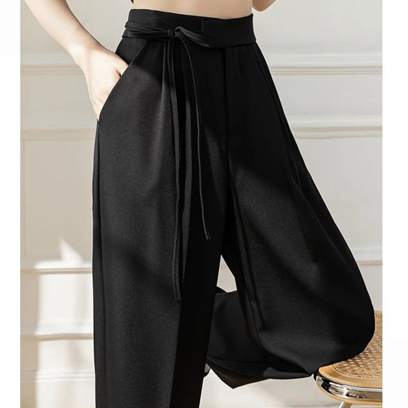 Pantalon Femme Taille Haute Lacets - Jambe Droite Costume Bureau Chic Kaki | MDN Store