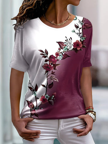 T-Shirt Fleurs Violettes Degrade Femme Col Rond Manches Courtes | MDN Store 25