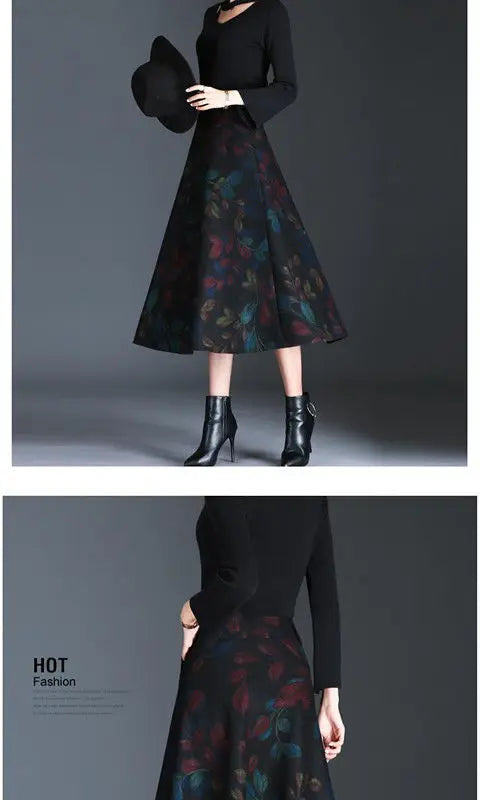 Jupe Midi Femme Laine Imprimée Taille Haute - Automne Hiver A-line | MDN Store