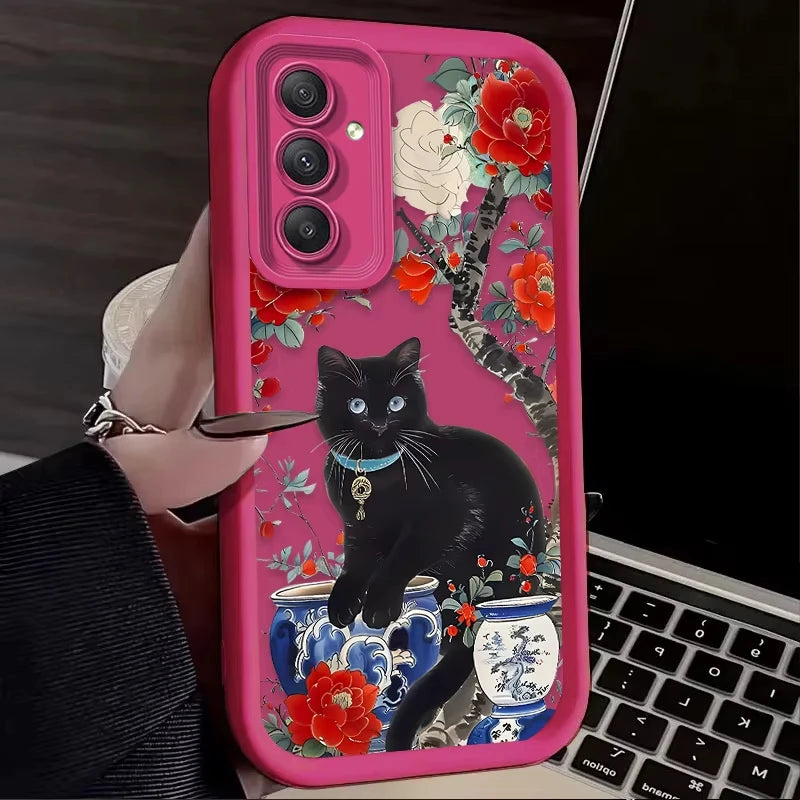 Coque Samsung Chat Noir Fleur Artistique - S24 S23 S22 A55 A54 | MDN Store