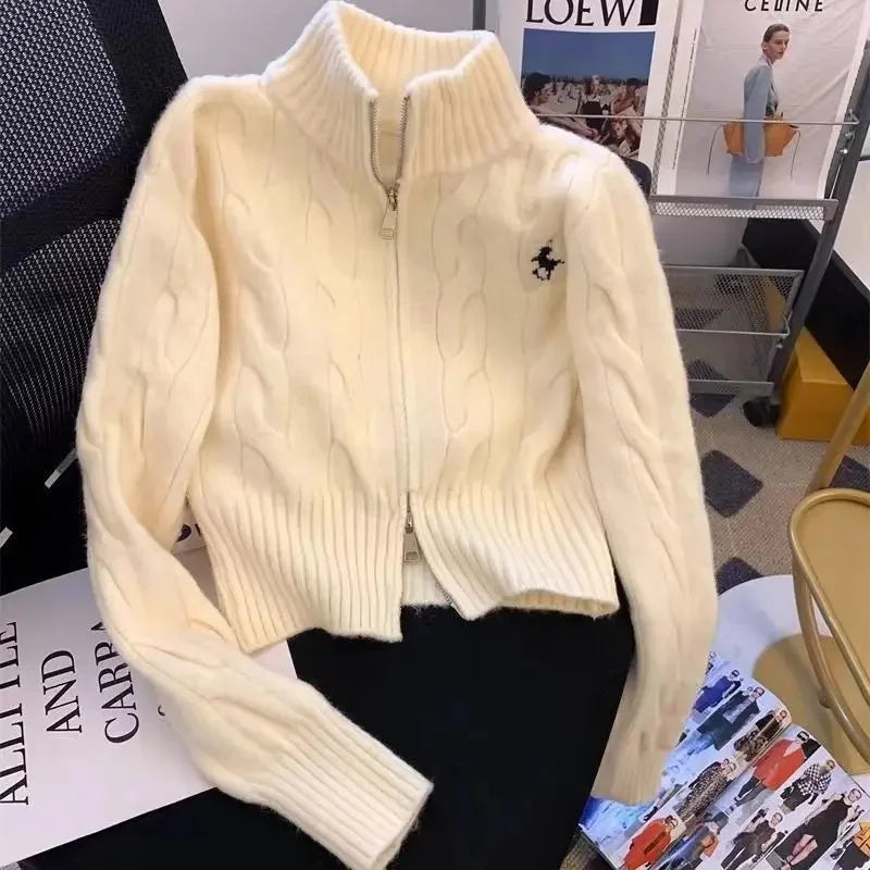 Pull Cardigan Femme Col Montant Broderie Vintage Coréen - MDN