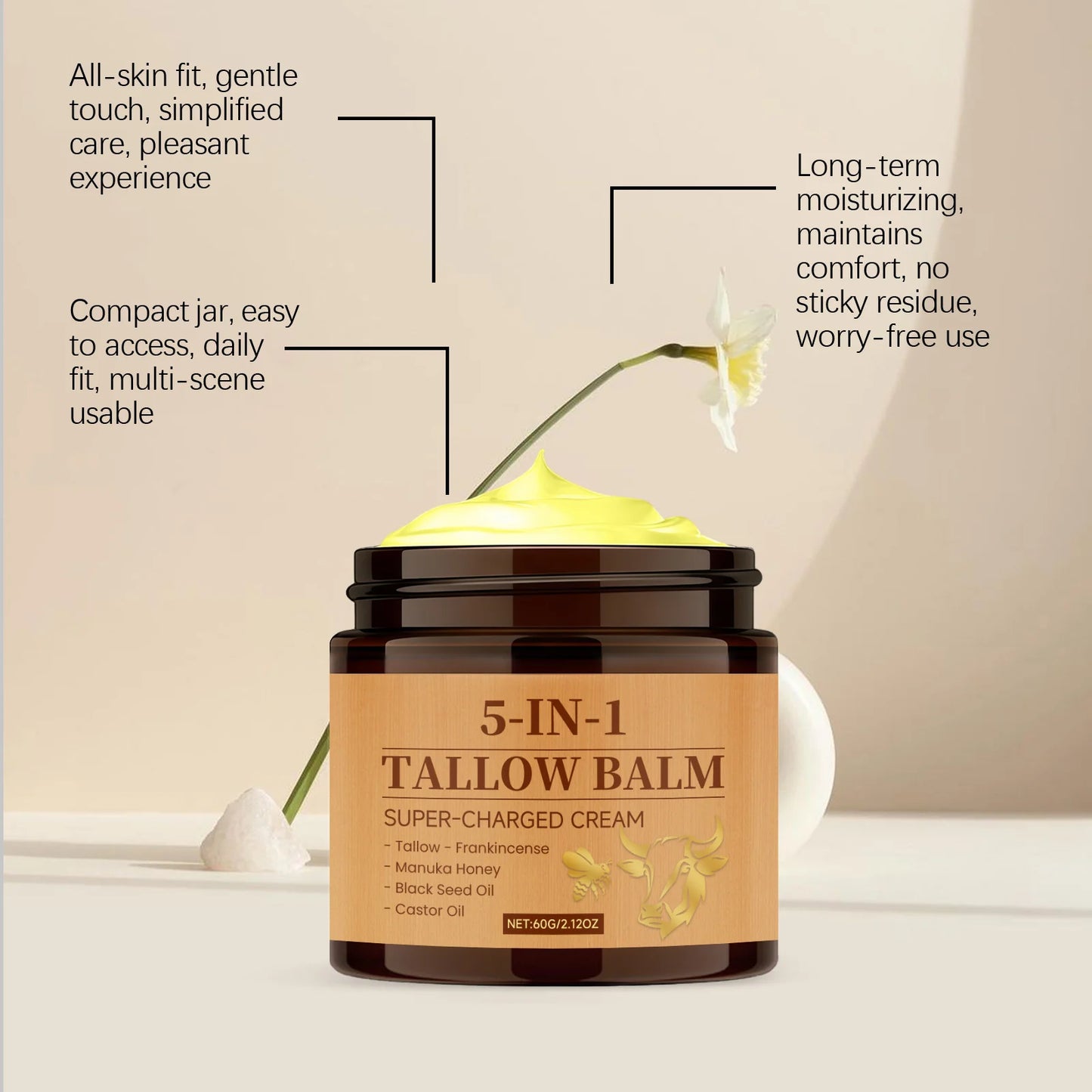 Baume 5 en 1 Suif de Bœuf Miel Hydratant Anti-Rides Éclaircissant 60g | MDN