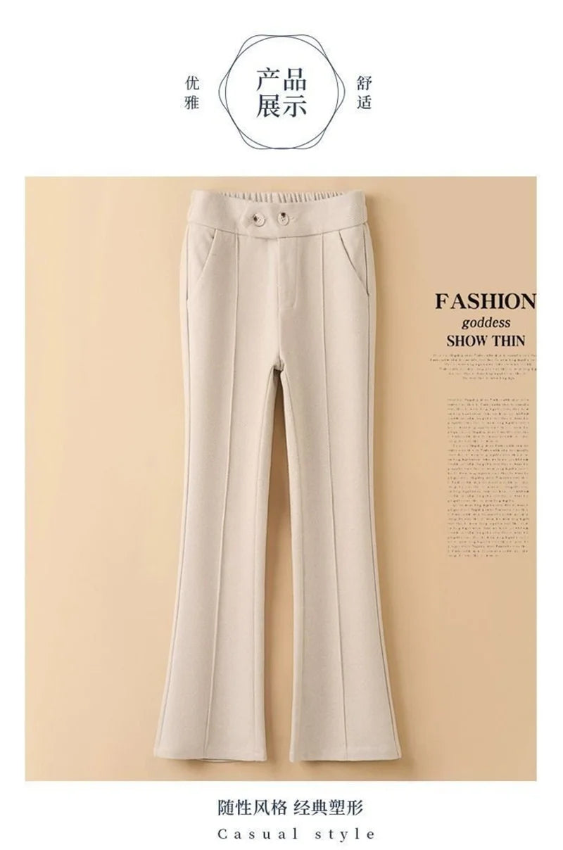 Pantalon Femme Laine Évasé Taille Haute - Bureau Chaud Automne Hiver | MDN