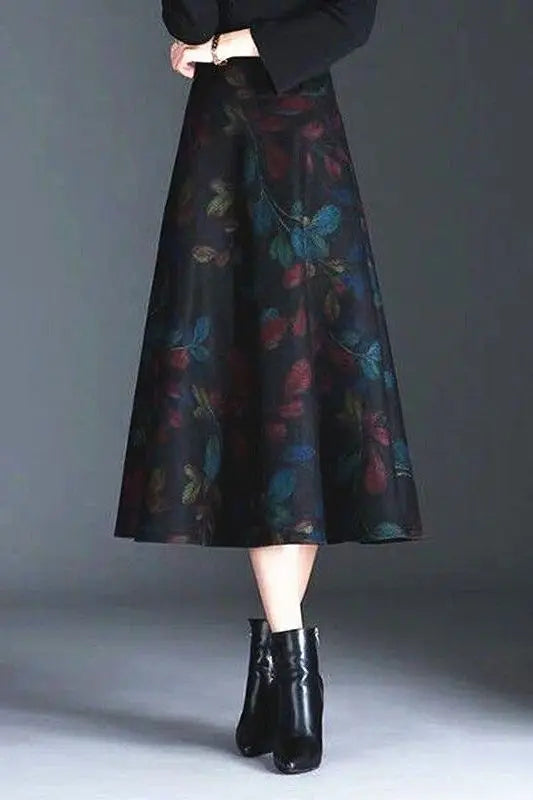 Jupe Midi Femme Laine Imprimée Taille Haute - Automne Hiver A-line | MDN Store