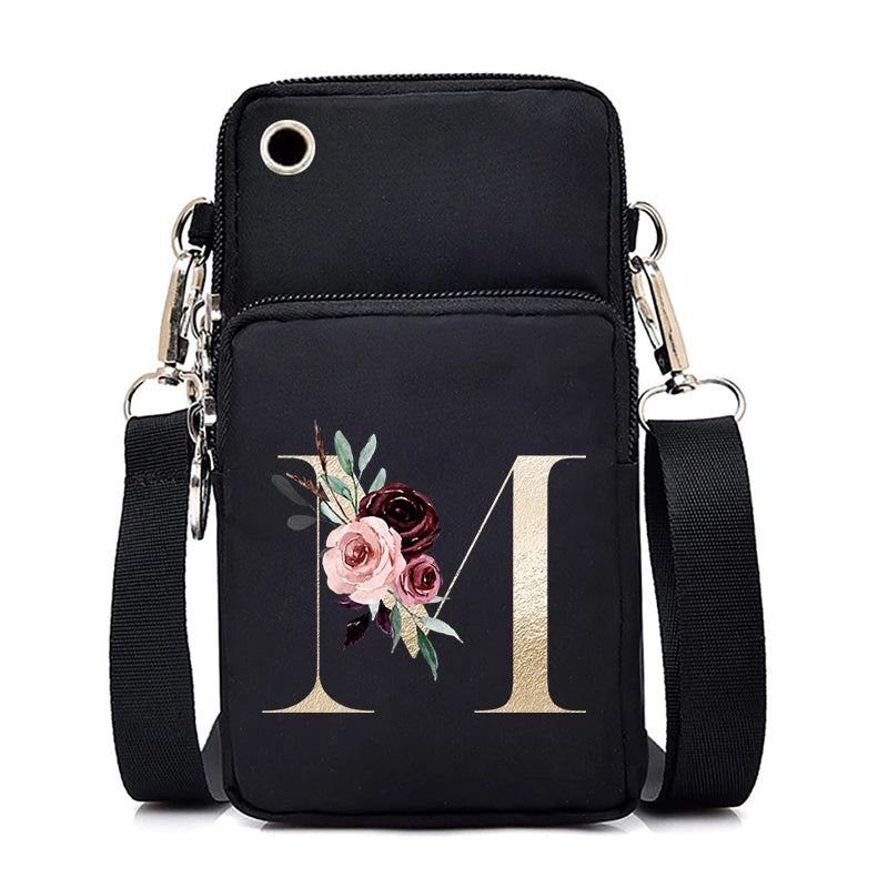 Sac à Main Bandoulière Lettre Initiale Fleurs Roses - Mini Sac Téléphone Femme | MDN