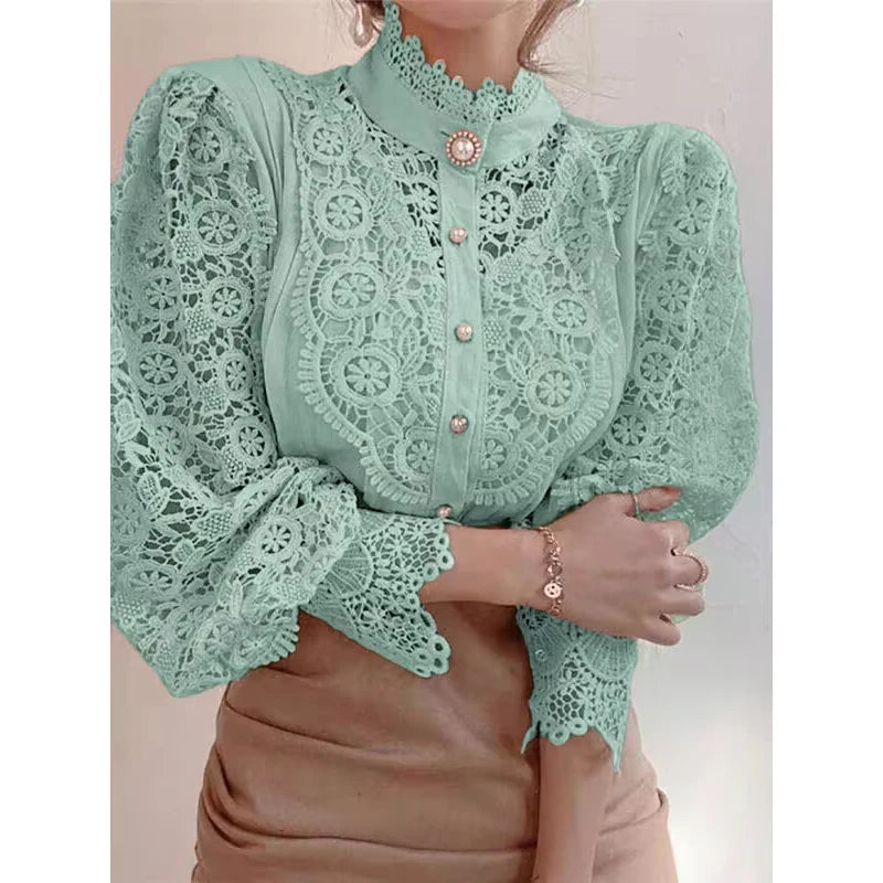 Blouse Femme Col Haut Manches Longues Dentelle | MDN Store