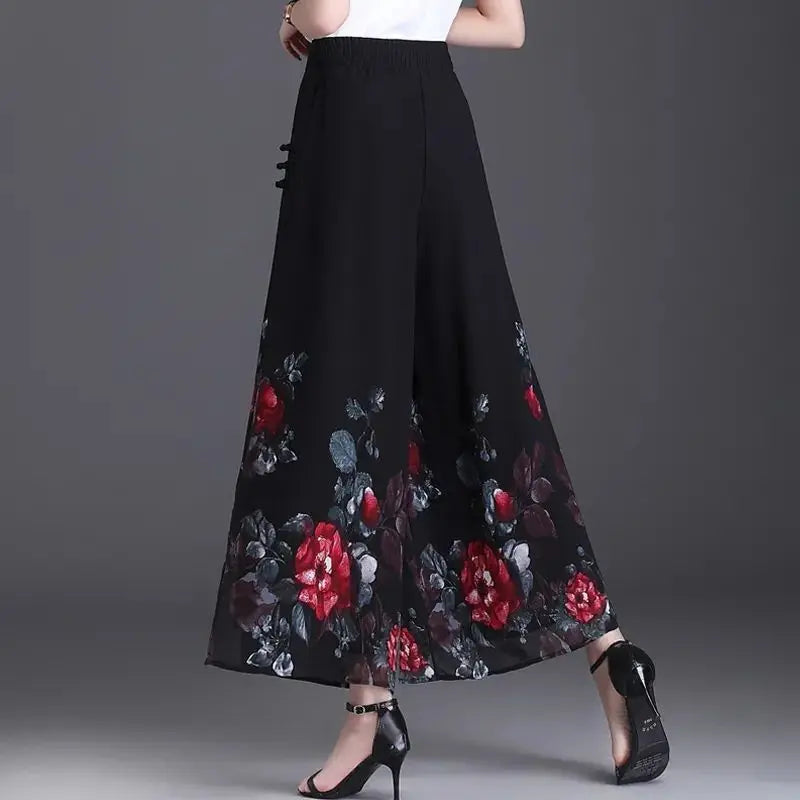 Pantalon Grande Femme Mousseline Floral Noir Jaune | MDN Store