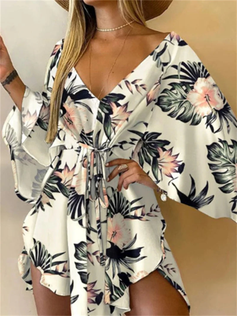 Robe Kimono Plage Femme Imprime Floral Col en V Manches Chauve-Souris | MDN Store 25
