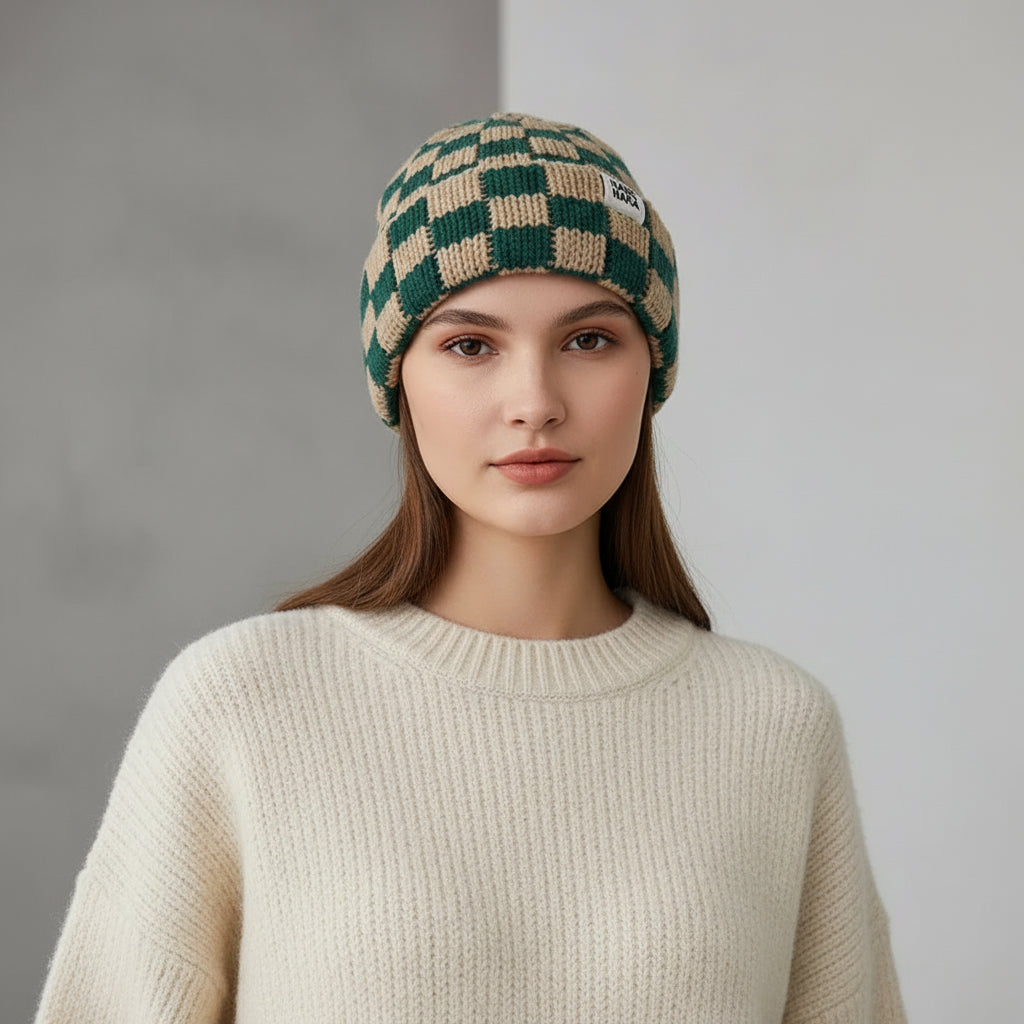 Bonnet Plaid Laine Tricotée Femme - Chaud Hiver Coupe-Vent | MDN