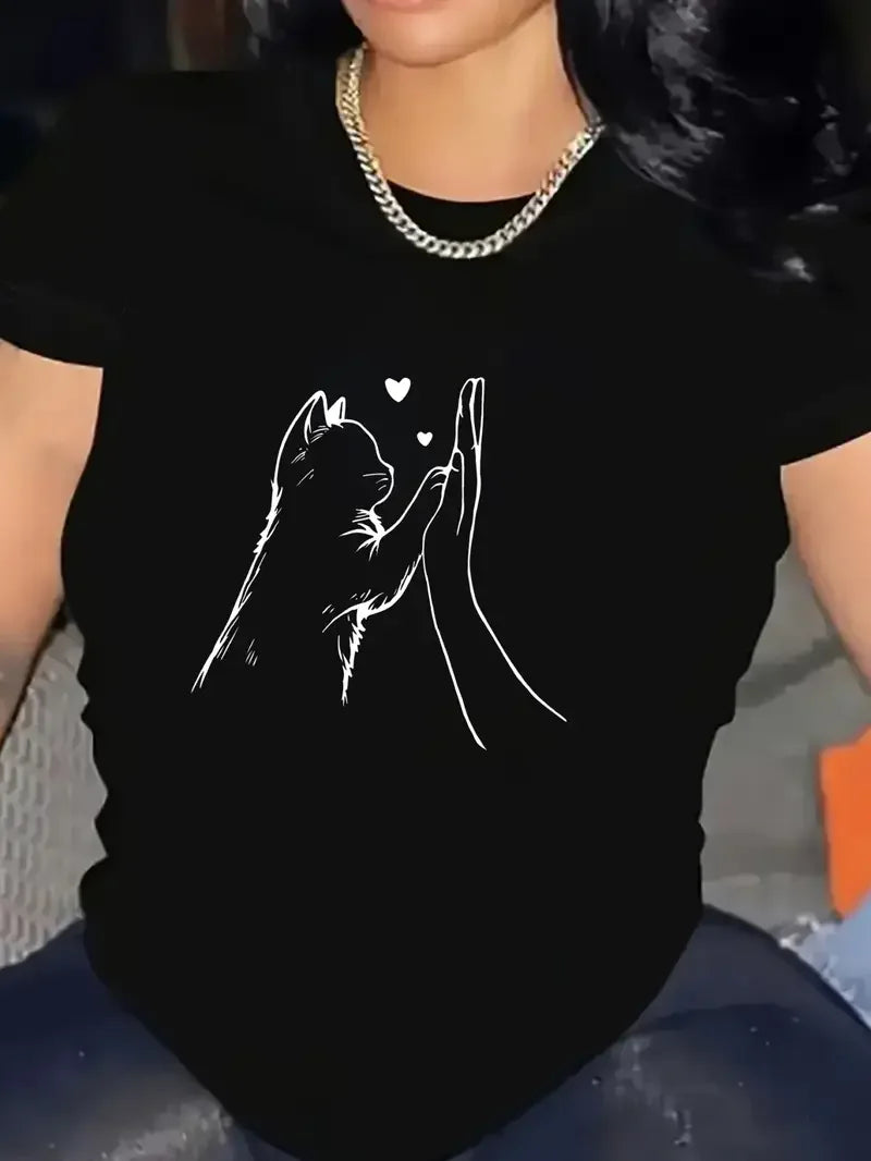 T-Shirt Patte de Chat Coeur Imprimé Femme Manches Courtes | MDN Store 25