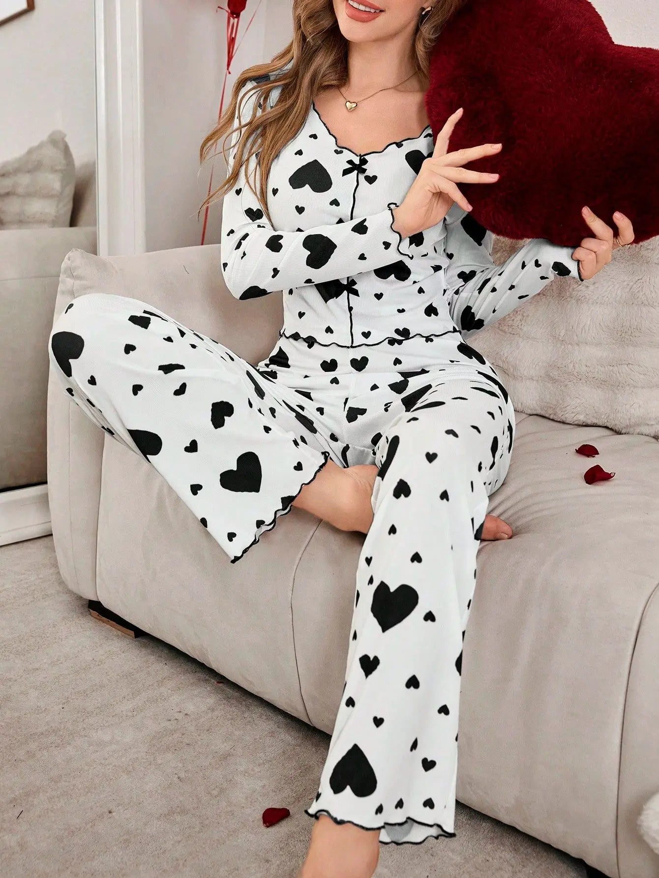 Pyjama Femme 2 Pièces Cœurs Manches Longues | MDN