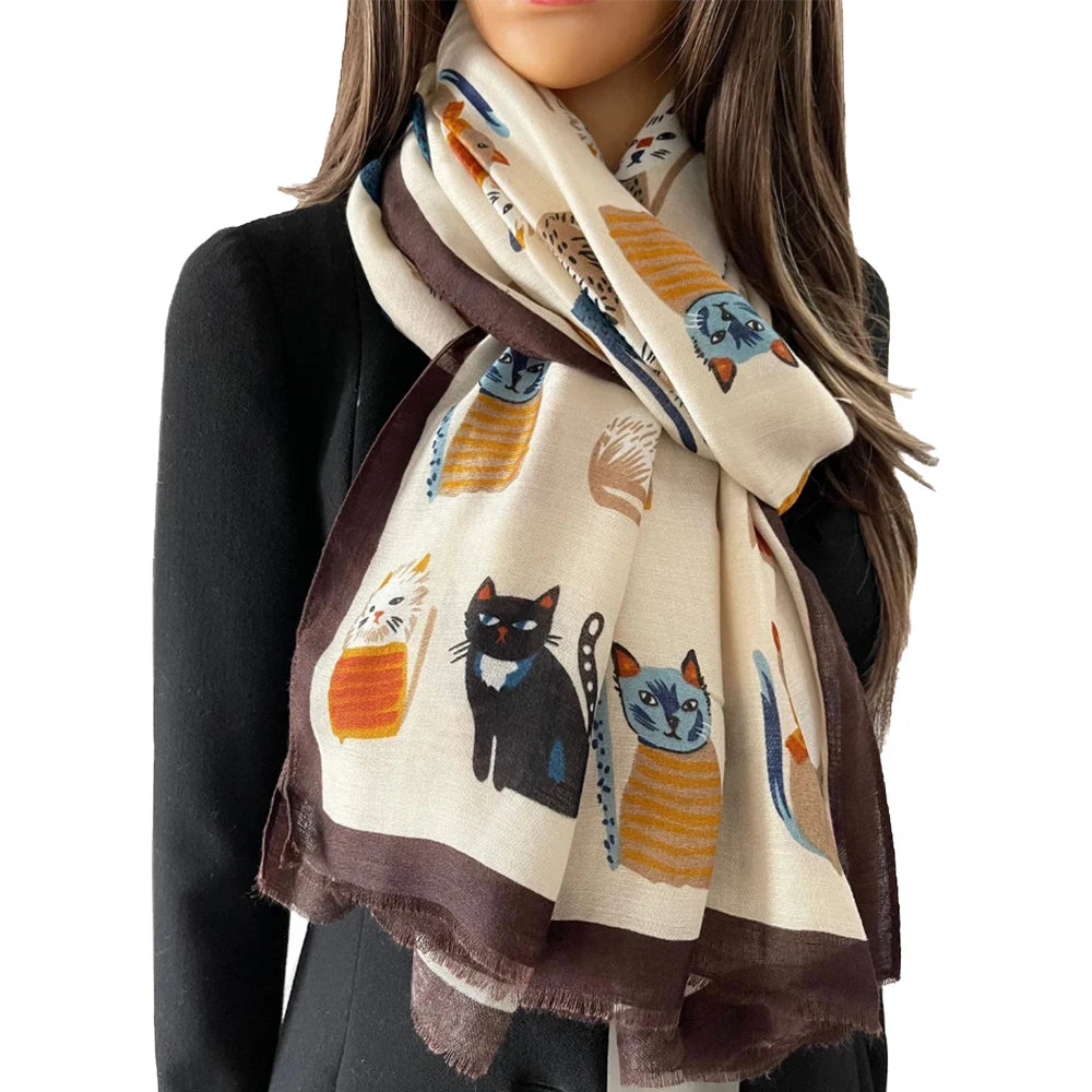 Écharpe Motif Chat Cartoon Viscose Douce Longue | MDN