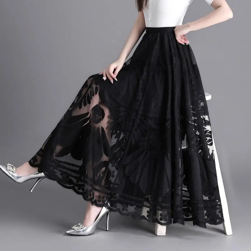 Jupe Longue Dentelle Plissée Taille Haute | MDN Store