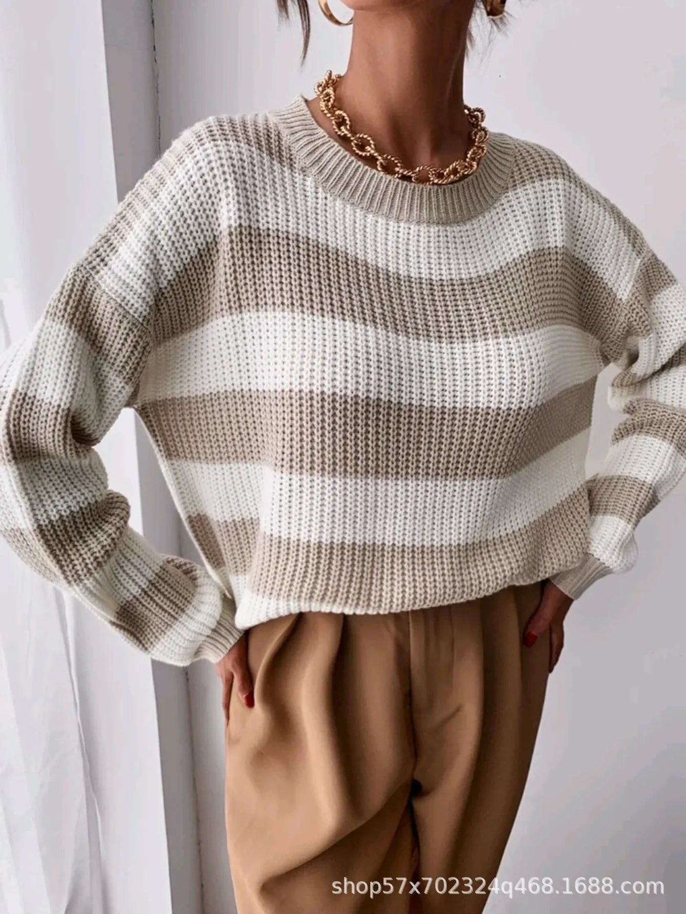 Pull Femme Loose Raye Manches Longues Tricot Epais 2 Coloris | MDN Store