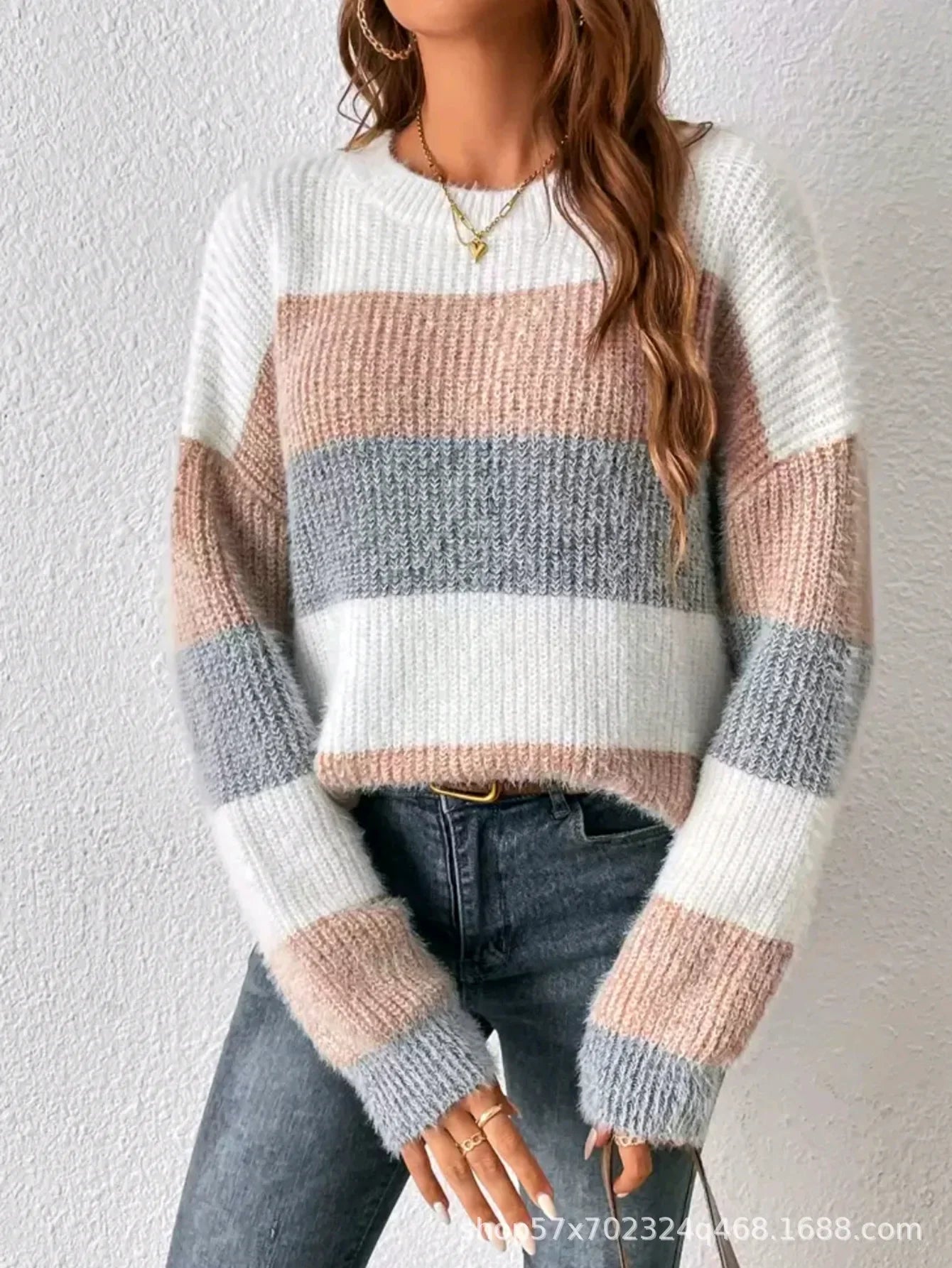 Pull Femme Rayé Col Rond Loose Fit Hiver Épais | MDN