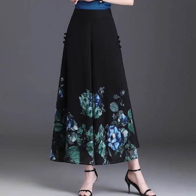 Pantalon Grande Femme Mousseline Floral Noir Jaune | MDN Store