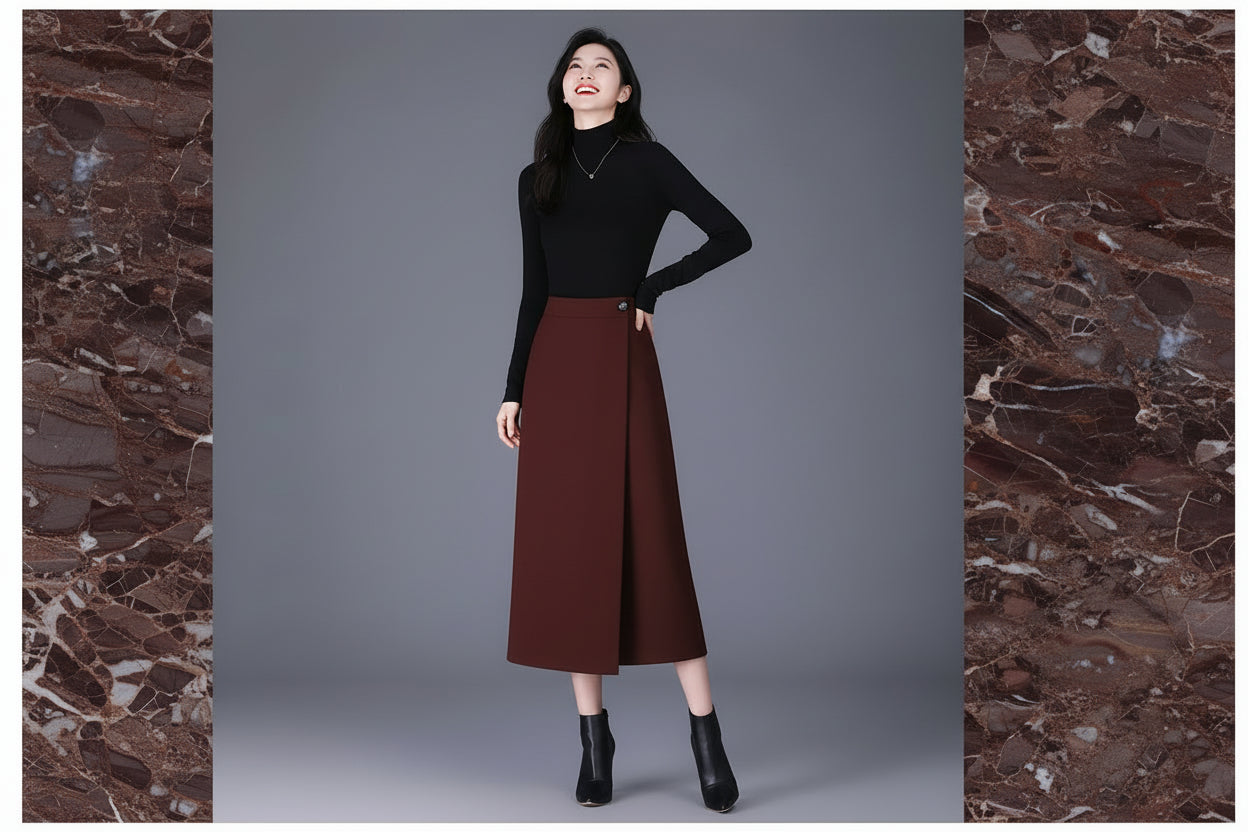 Jupe Droite Fendue en Laine Élégante Automne-Hiver | MDN Store