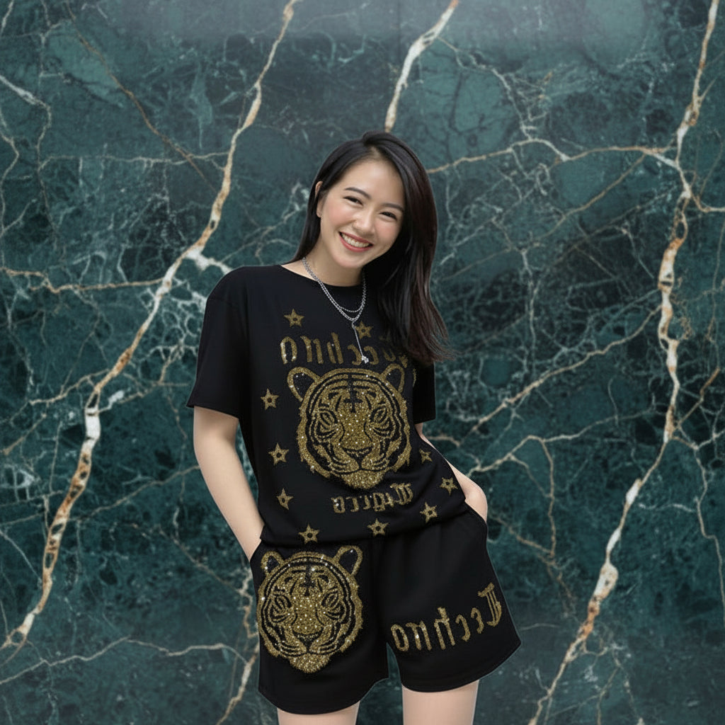 Ensemble Grande Taille T-shirt Tigre Brodé & Short | MDN