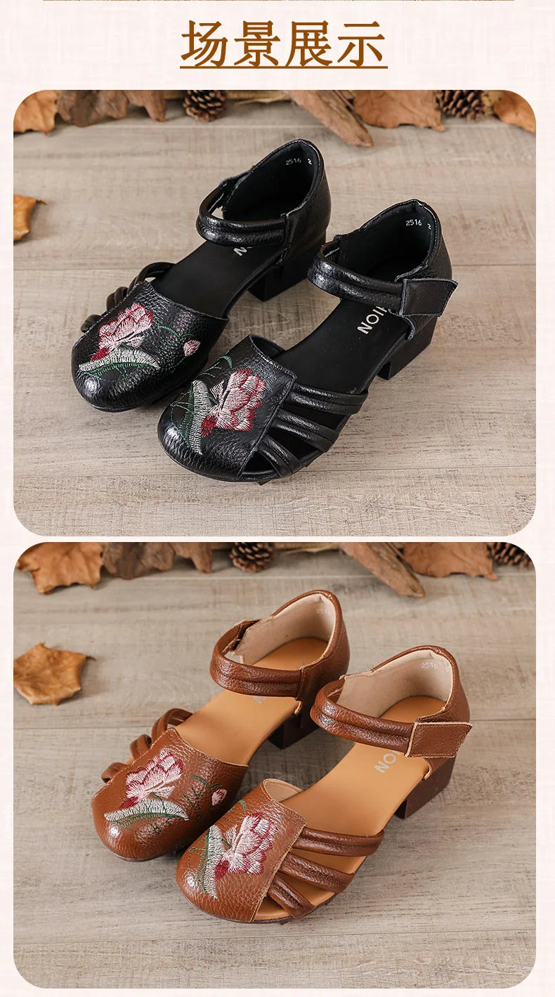 Sandales Talons Carrés Cuir Brodées Lorilury | MDN Store