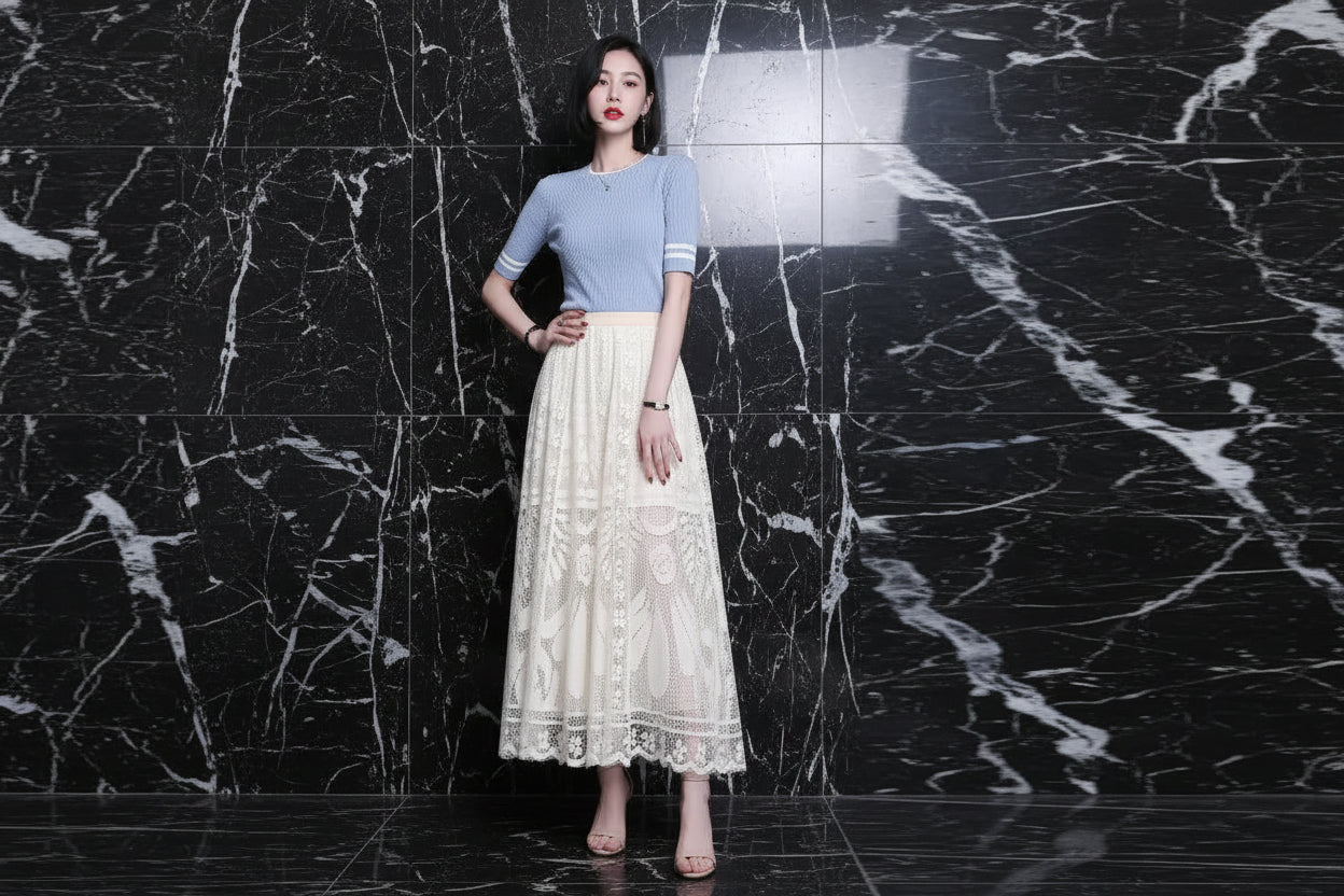 Jupe Longue Dentelle Plissée Taille Haute | MDN Store