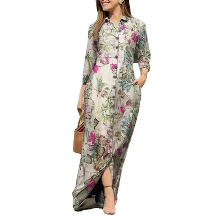 Robe Longue Imprimee Col Chemise Boutonnee Élégante | MDN Store