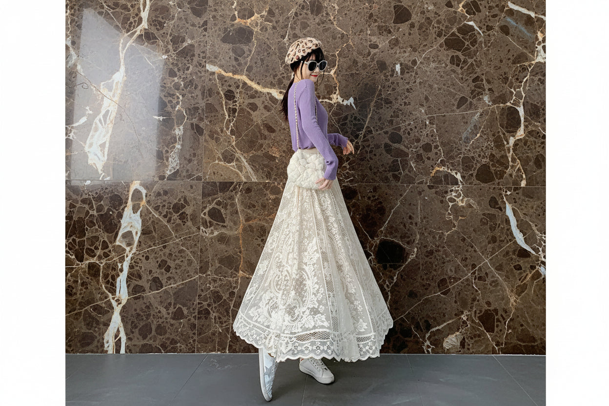 Jupe Longue Dentelle Plissée Taille Haute | MDN Store