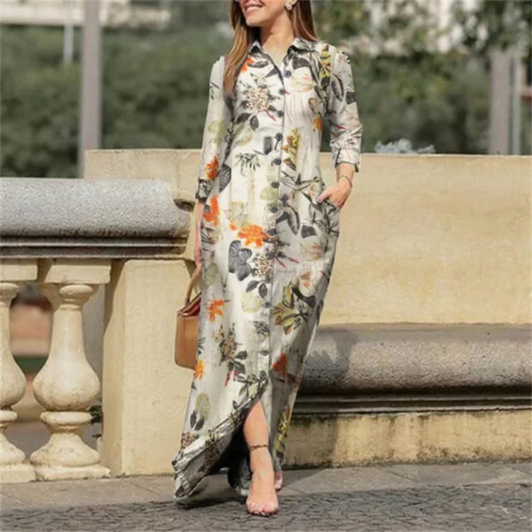 Robe Longue Imprimee Col Chemise Boutonnee Élégante | MDN Store