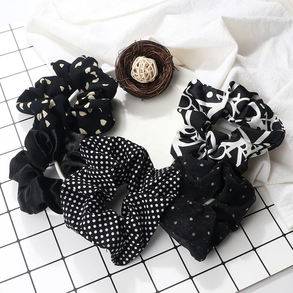 Lot de 3-5 Chouchous Satin Noir et Blanc - Élastiques Cheveux Élégants | MDN Store